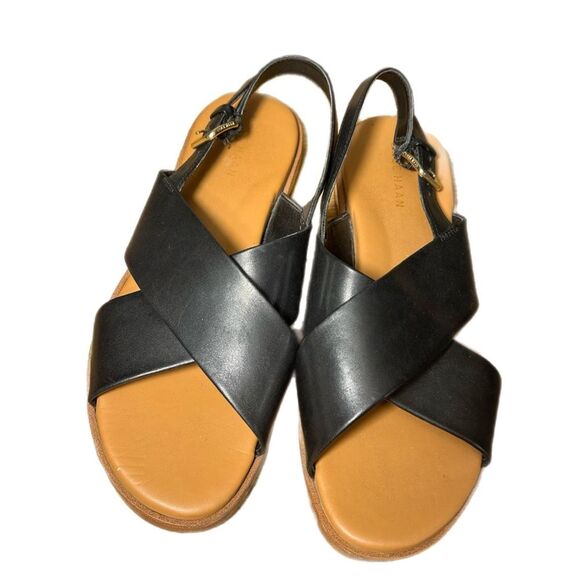 Cole Haan Shoes - Cole Haan Fernanda Grand Flat Black Leather Sandals Size 5.5